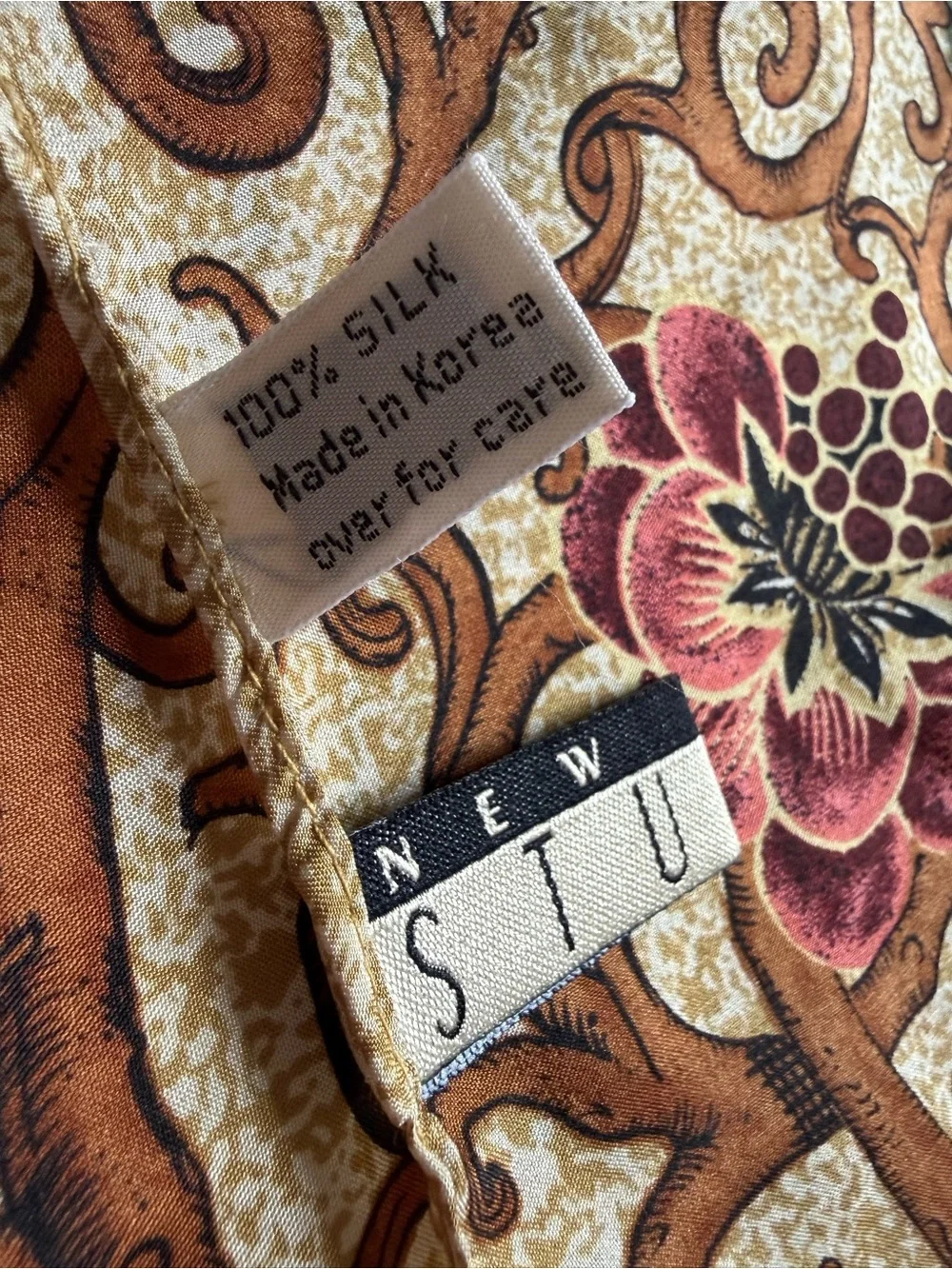 100% Silk Vintage Floral Patterned Headscarf in Gold and Brown